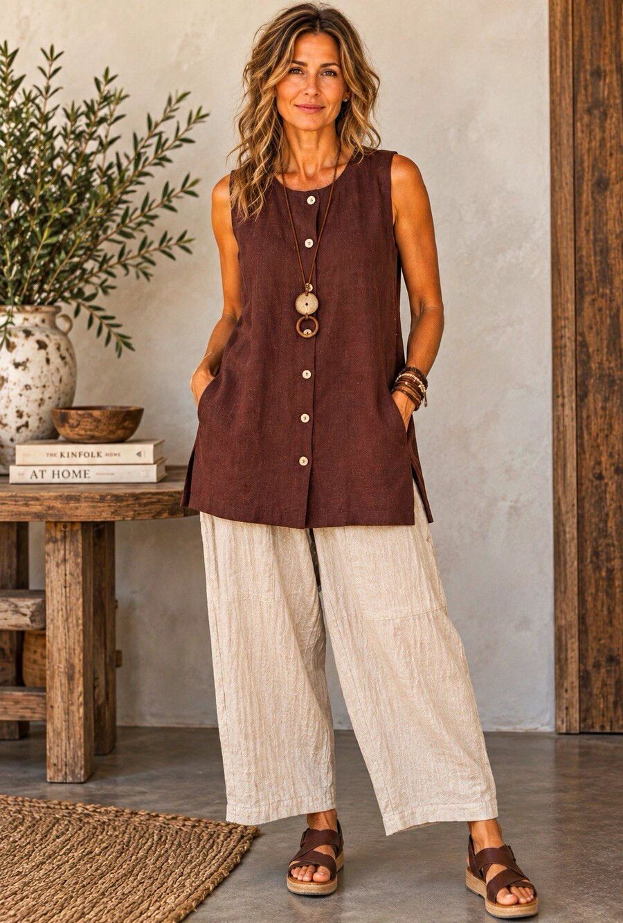 Harvé Benard Vintage Lagenlook linen Brown Sleeveless Button Front Vest PocketsM